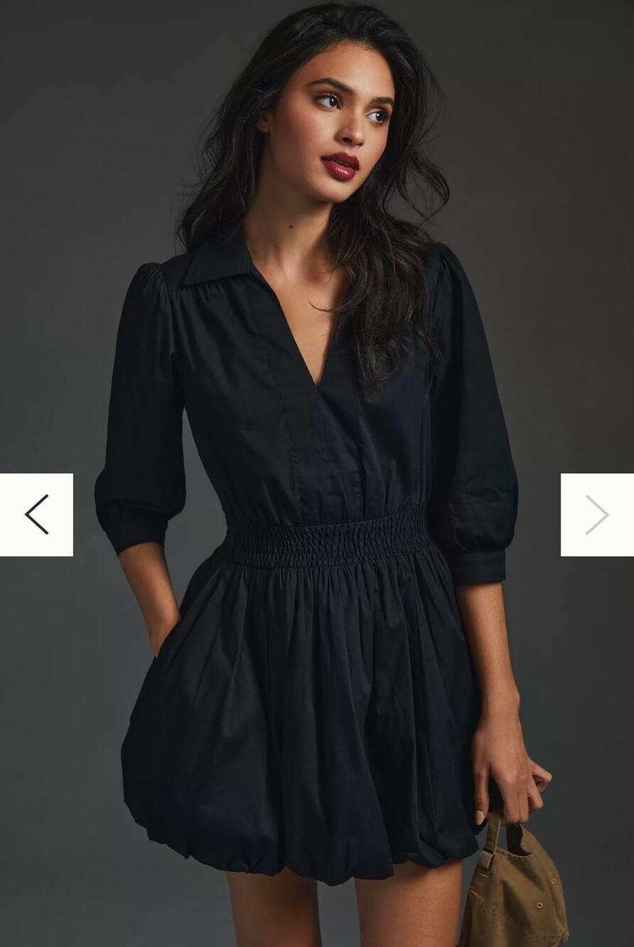 ANTHROPOLOGIE Porridge | Long-sleeve V-neck Bubble-hem Mini Dress | S - Picture 1 of 6
